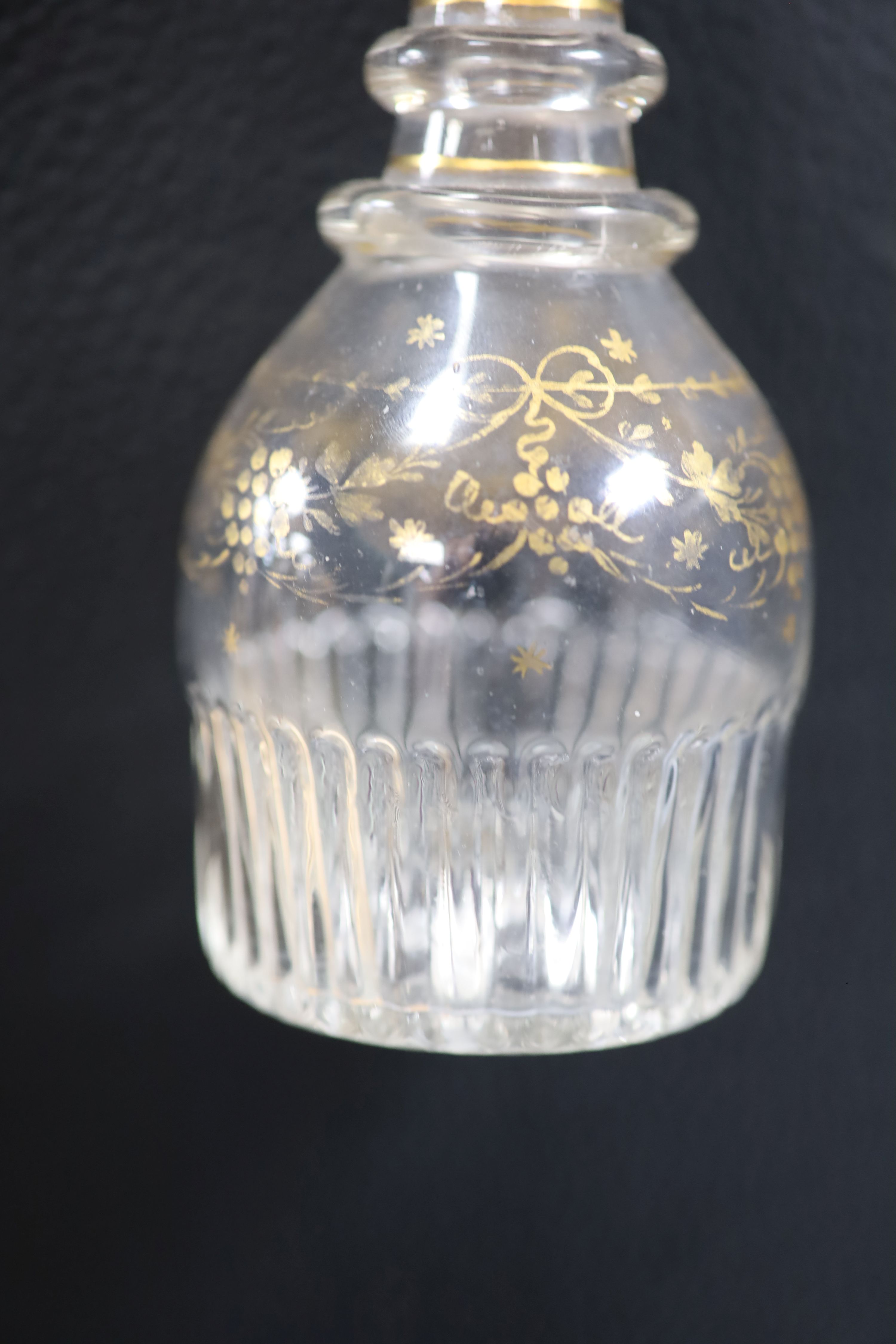 A small 19th century gilt glass decanter and a Regency glass lustre, tallest 25cm